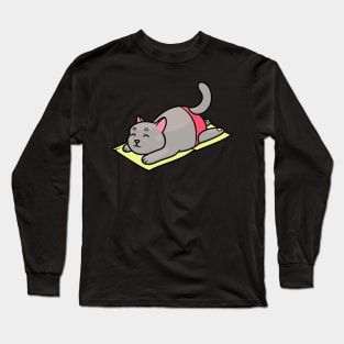 Chubby gray cat in red swimming trunks resting on a towel Long Sleeve T-Shirt